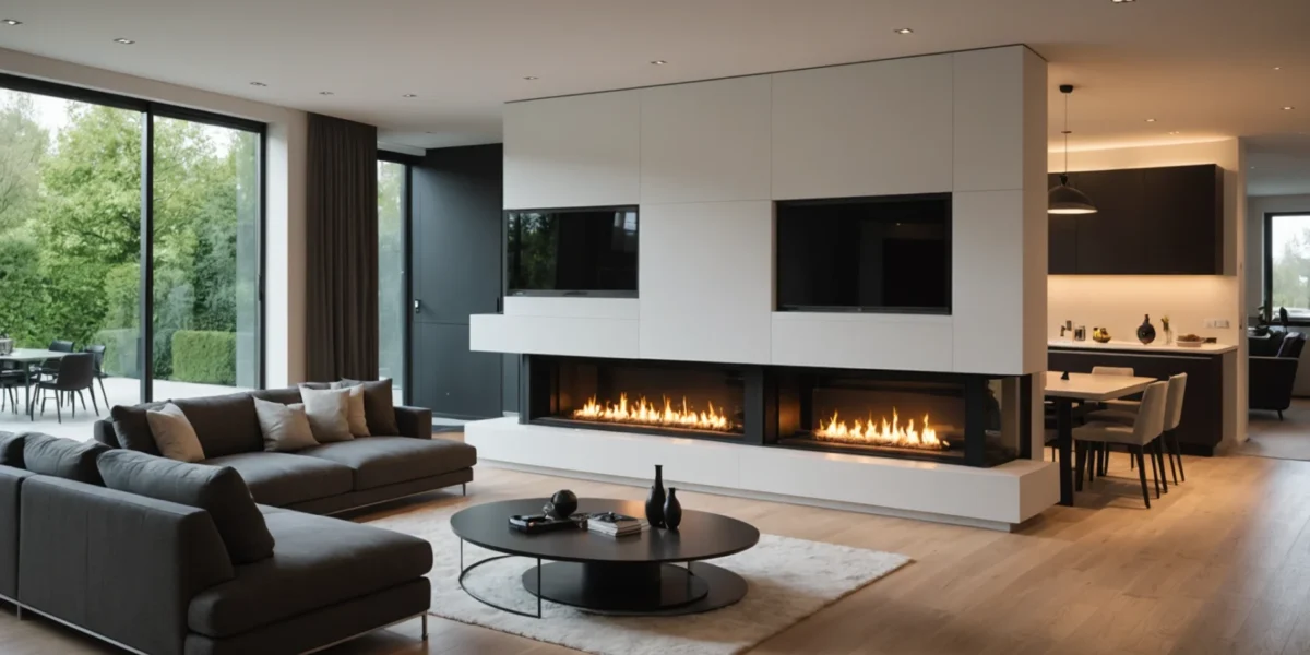 cheminée comme séparateur de pièce avec banc